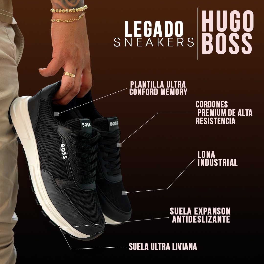 Anatomía del sneaker negro Legado: plantilla ultra confort memory, cordones premium, lona industrial y suela antideslizante